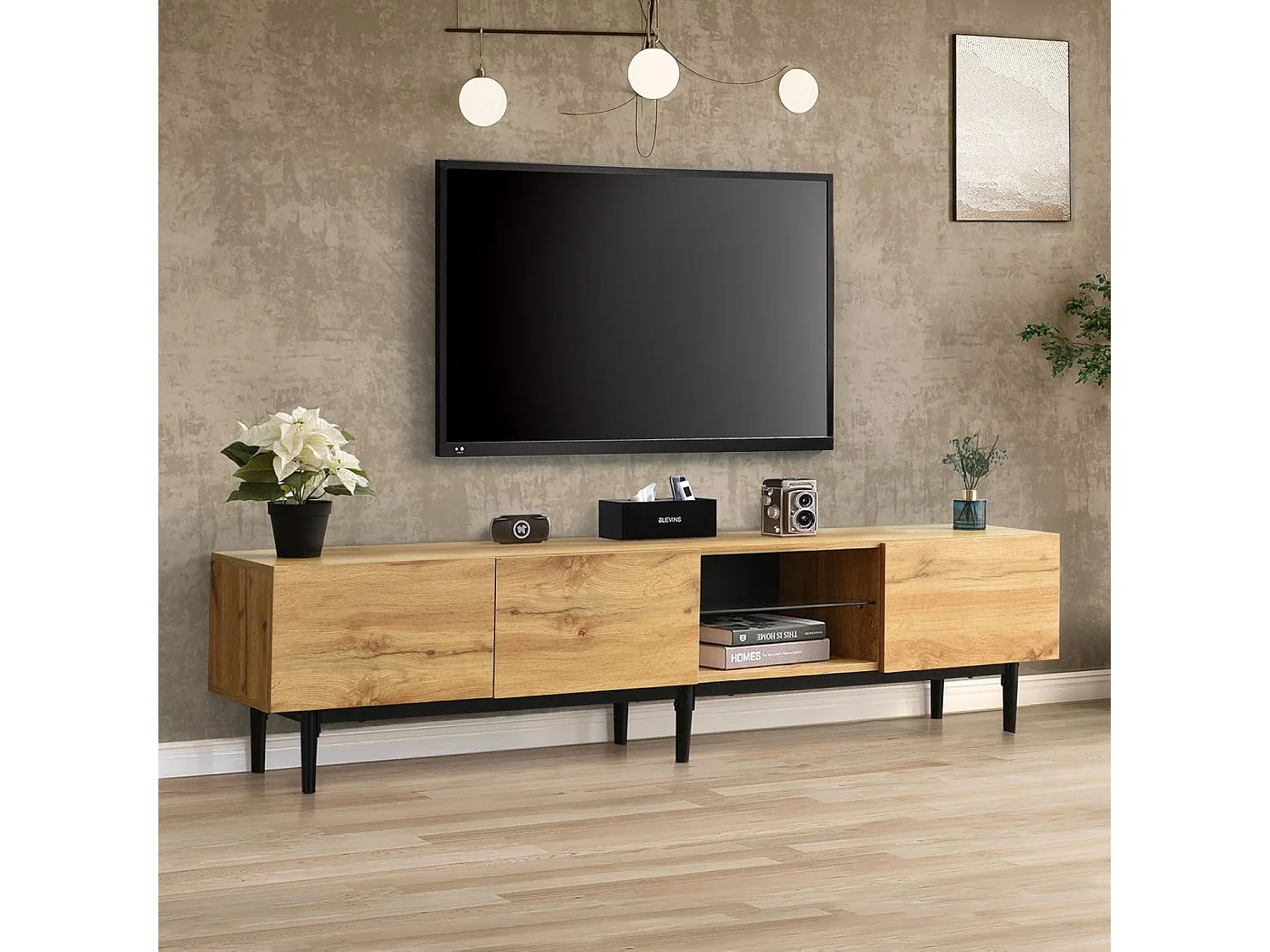Mobile TV, Mobile TV in stile industriale 175 cm con illuminazione a LED, ripiani e spazio di archiviazione, 3 ante, legno