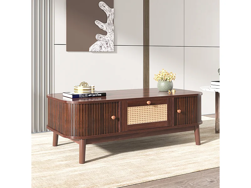 Meuble TV Bas en Bois Massif et Rotin, 2 Tiroirs, 2 Portes Coulissantes, Pour Salon, 170 cm, Marron