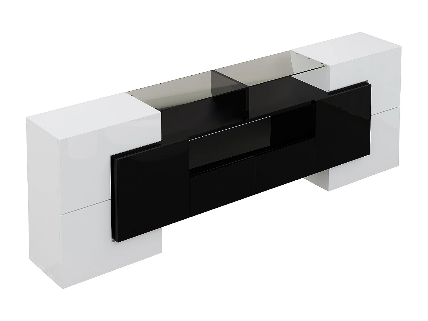 Mobile TV basso 200 cm, con illuminazione a LED, design moderno ed elegante superficie in vetro, per soggiorno, bianco