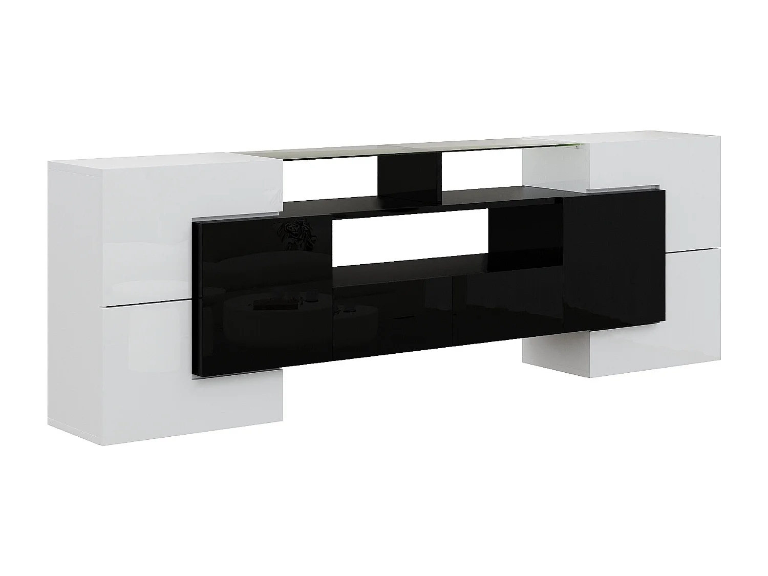 Mobile TV basso 200 cm, con illuminazione a LED, design moderno ed elegante superficie in vetro, per soggiorno, bianco