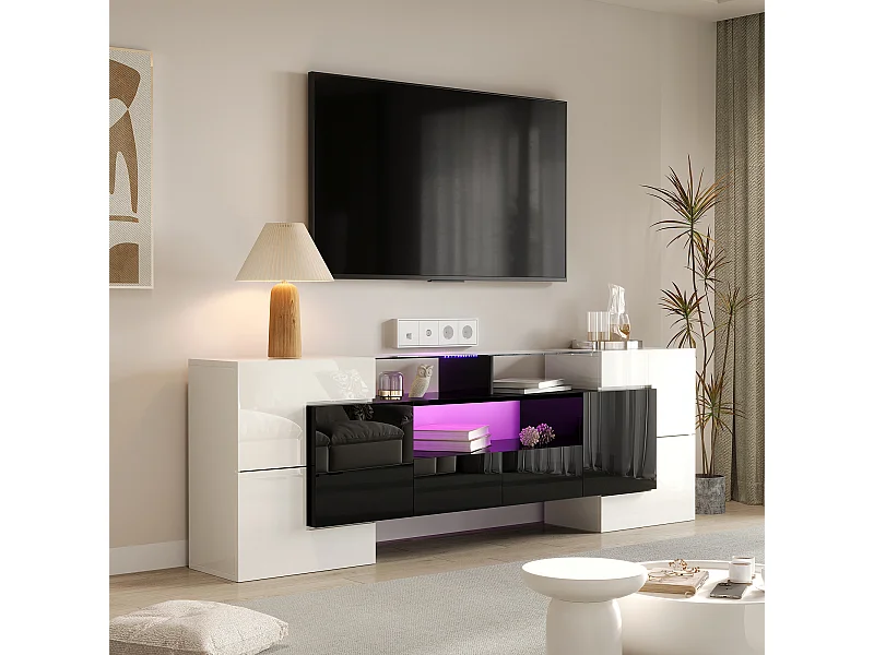 Meuble TV bas 200 cm, avec LED, design moderne et surface en verre élégante, pour salon, blanc