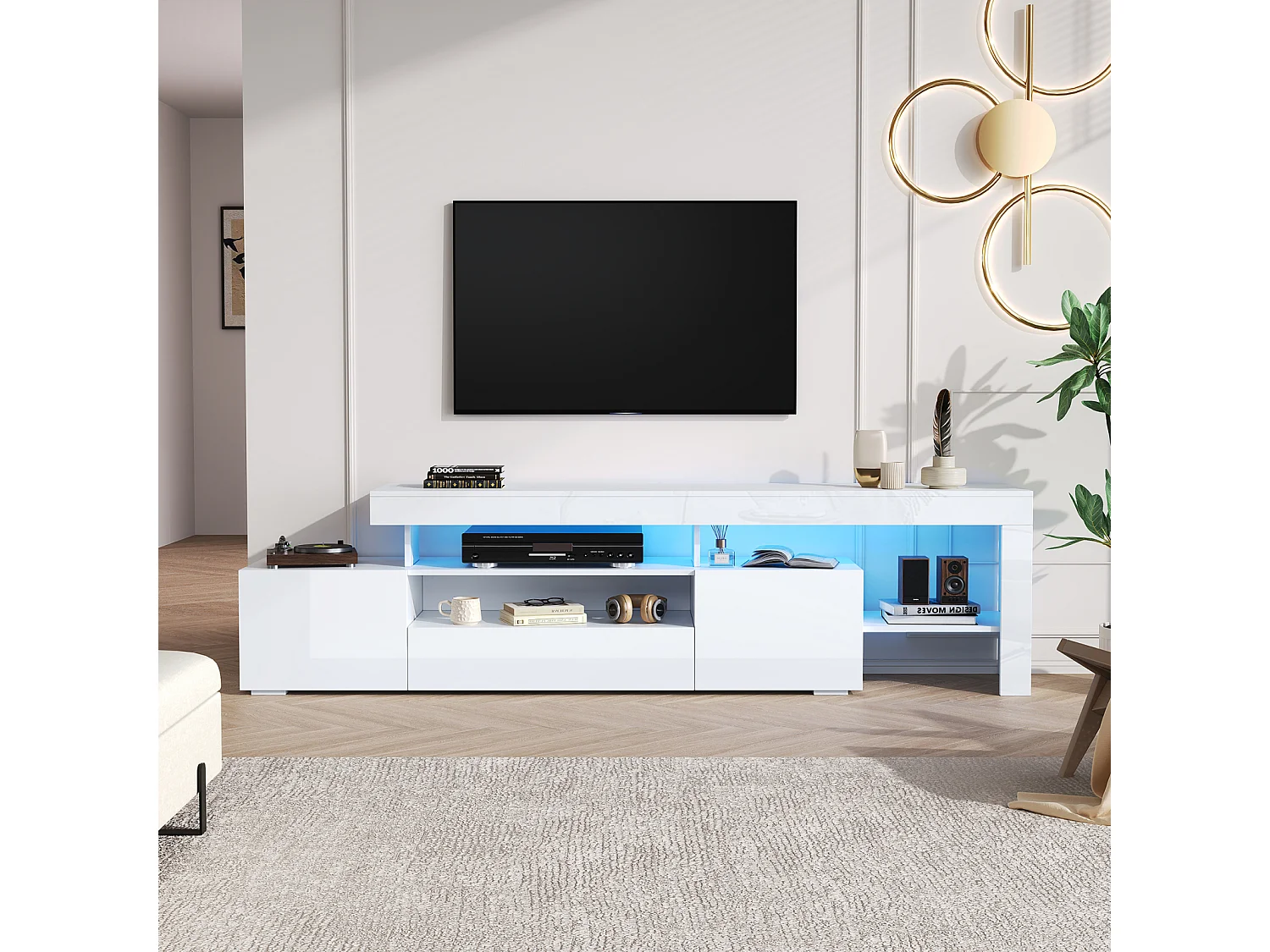 Mobile TV basso 192 × 37 × 53 cm, laccato bianco, 3 ante, illuminazione a LED, mobile basso per TV fino a 85", soggiorno