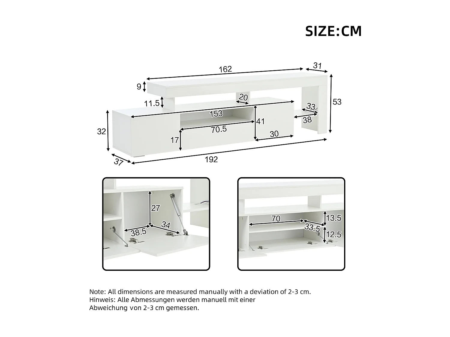 Mobile TV basso 192 × 37 × 53 cm, laccato bianco, 3 ante, illuminazione a LED, mobile basso per TV fino a 85", soggiorno