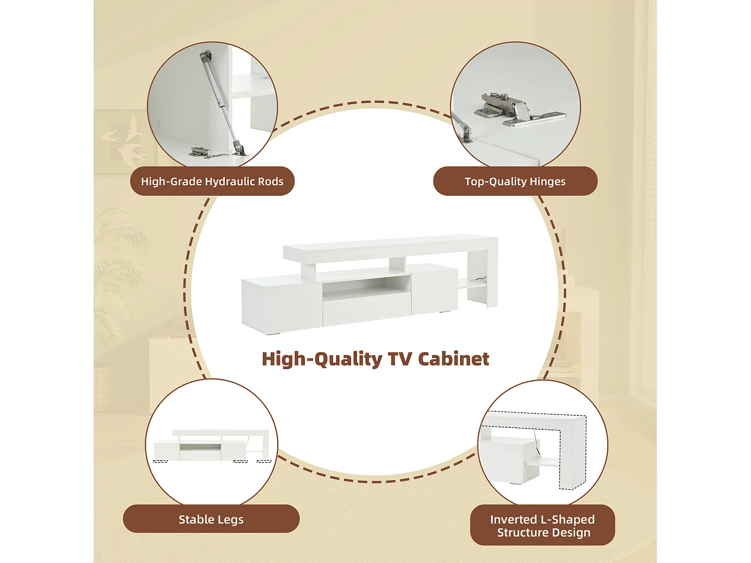 Mobile TV basso 192 × 37 × 53 cm, laccato bianco, 3 ante, illuminazione a LED, mobile basso per TV fino a 85", soggiorno