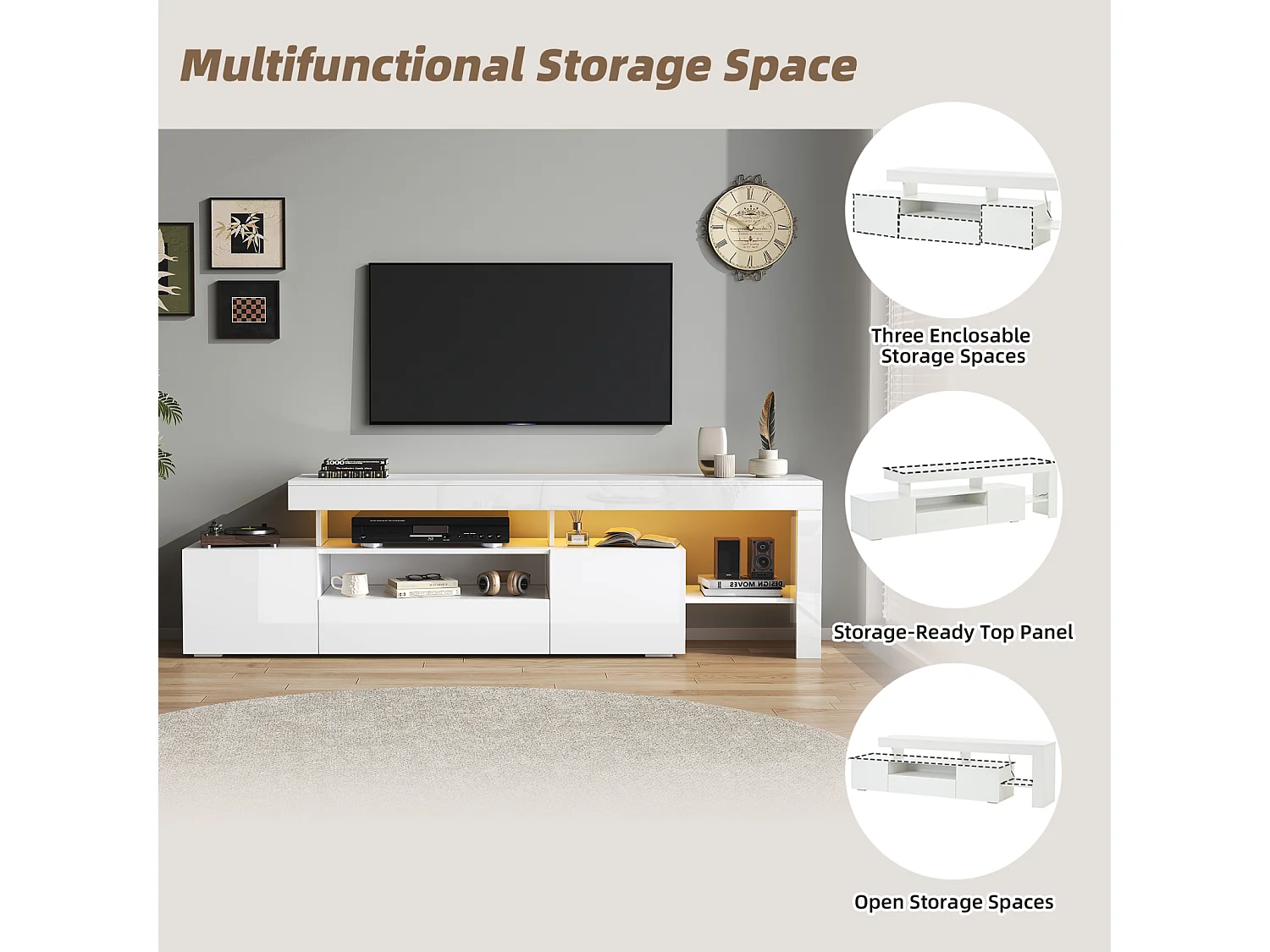 Mobile TV basso 192 × 37 × 53 cm, laccato bianco, 3 ante, illuminazione a LED, mobile basso per TV fino a 85", soggiorno