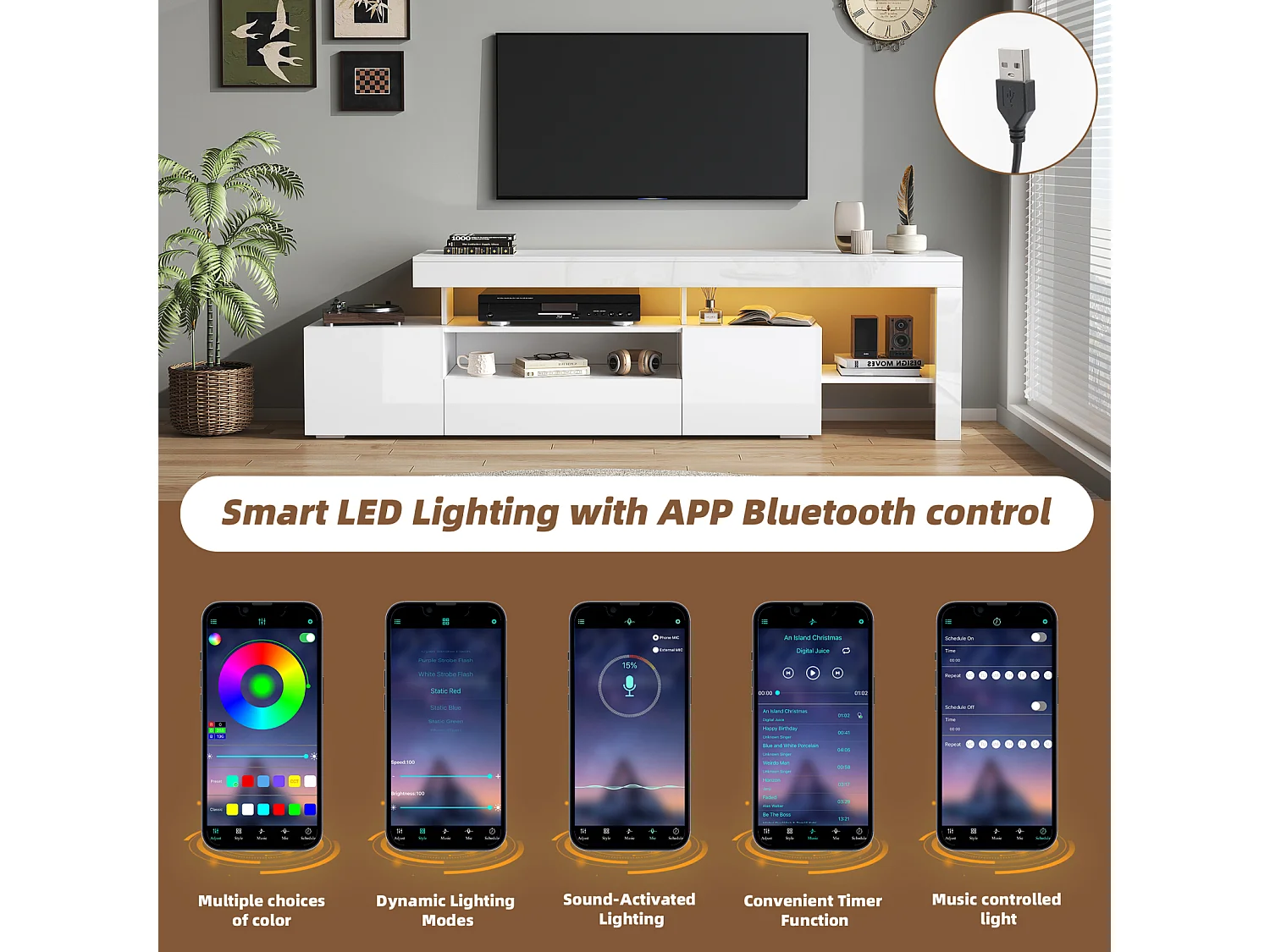 Mobile TV basso 192 × 37 × 53 cm, laccato bianco, 3 ante, illuminazione a LED, mobile basso per TV fino a 85", soggiorno