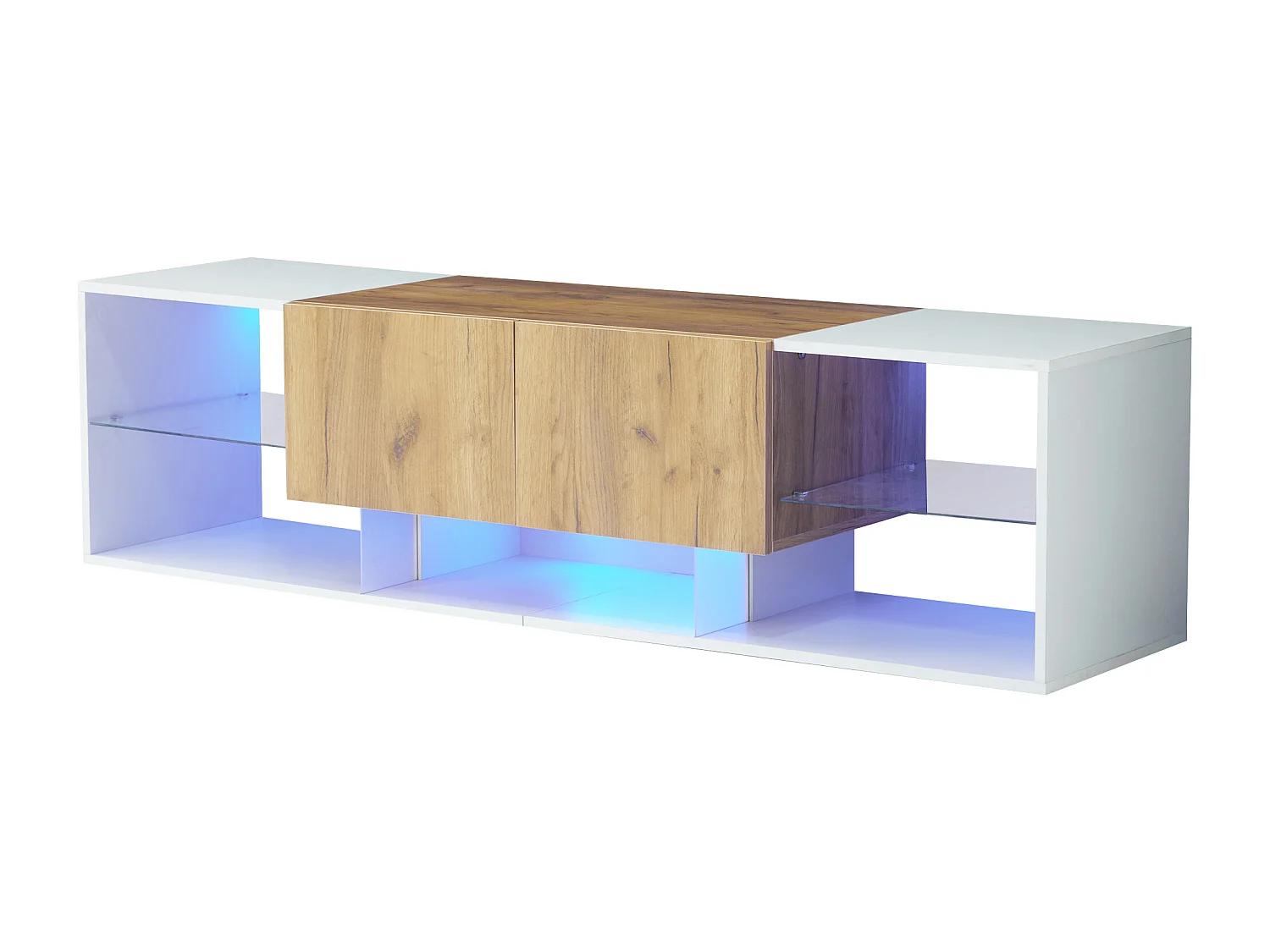 Mueble de TV 160 x 40 x 42 cm, Consola de TV moderna con estante de almacenamiento de cristal y 2 cajones, Blanco
