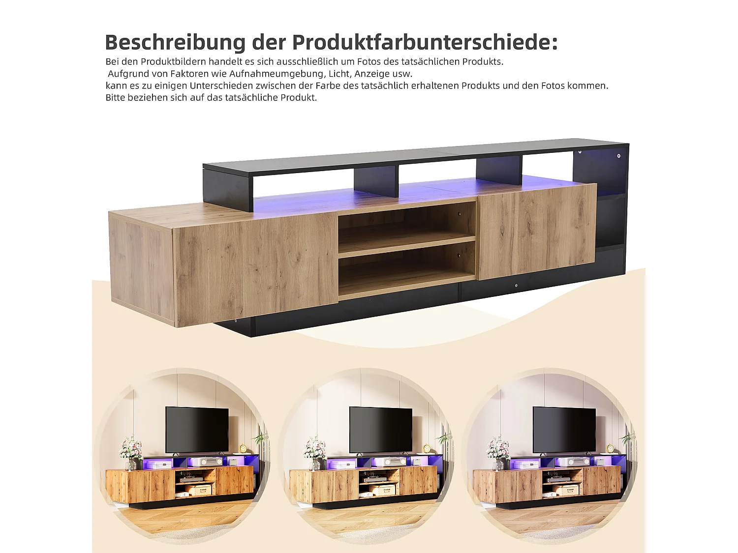 Suporte para TV de 190 cm, moderno, com luzes LED, 2 portas e compartimento de armazenamento aberto, preto.