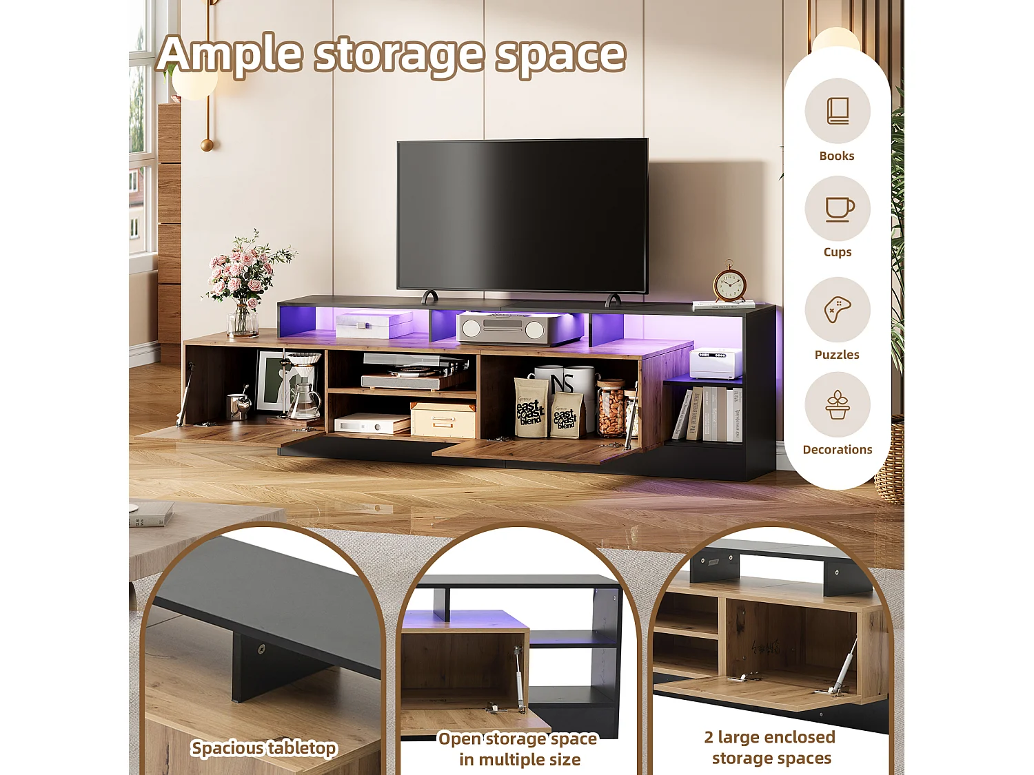 Suporte para TV de 190 cm, moderno, com luzes LED, 2 portas e compartimento de armazenamento aberto, preto.