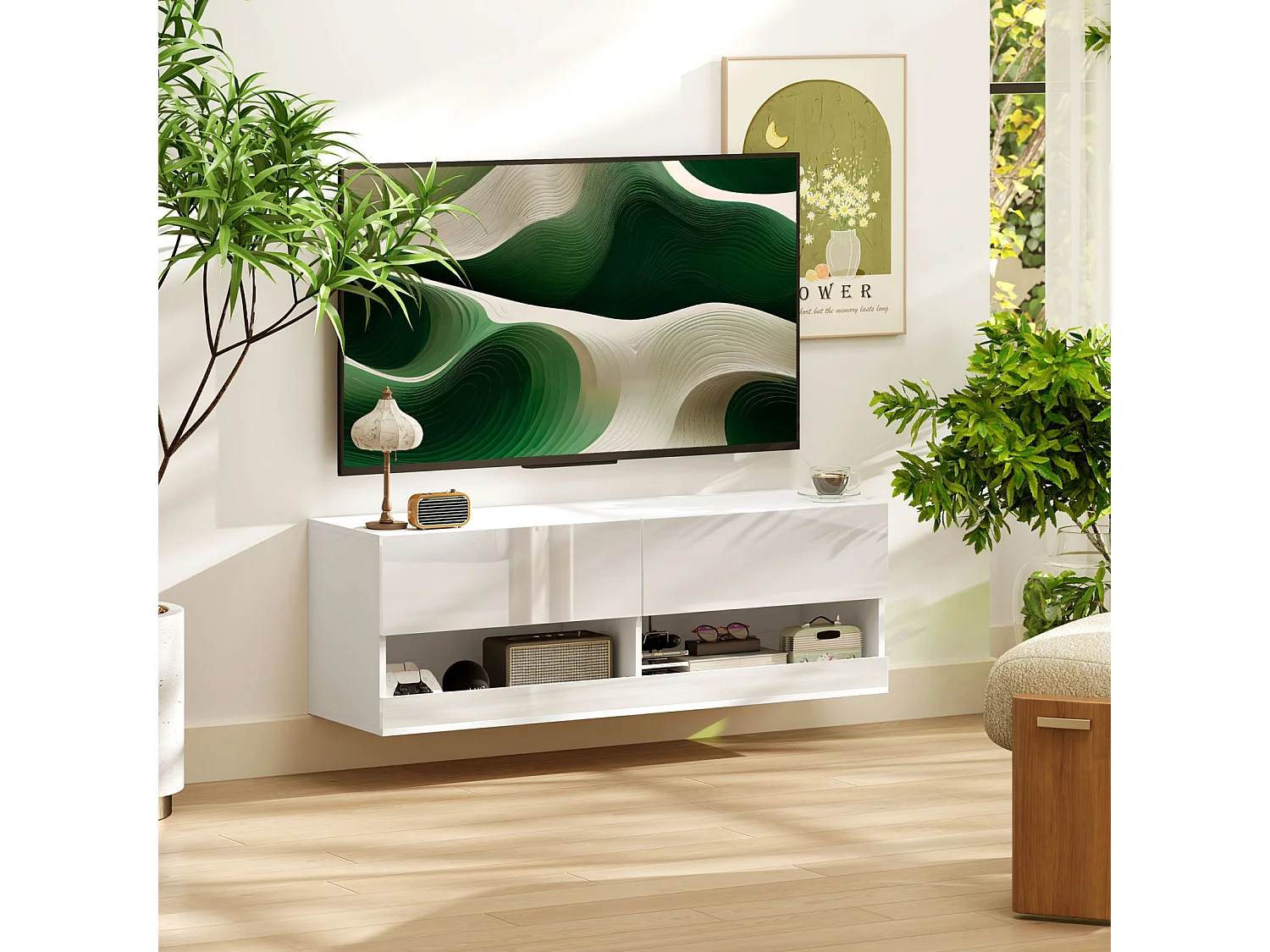 Lage tv-kast 120×35×40,5 cm, wit gelakt, multicolor LED met 16 standen, lades en open planken