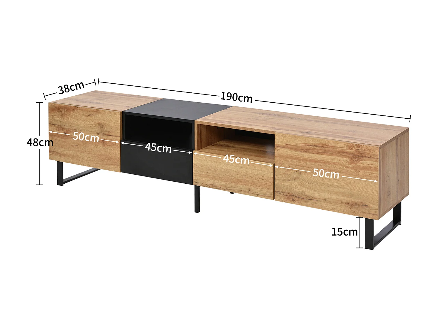 Mueble de TV moderno de madera maciza con diseño en negro y madera, mueble de TV con 2 puertas y 2 cajones