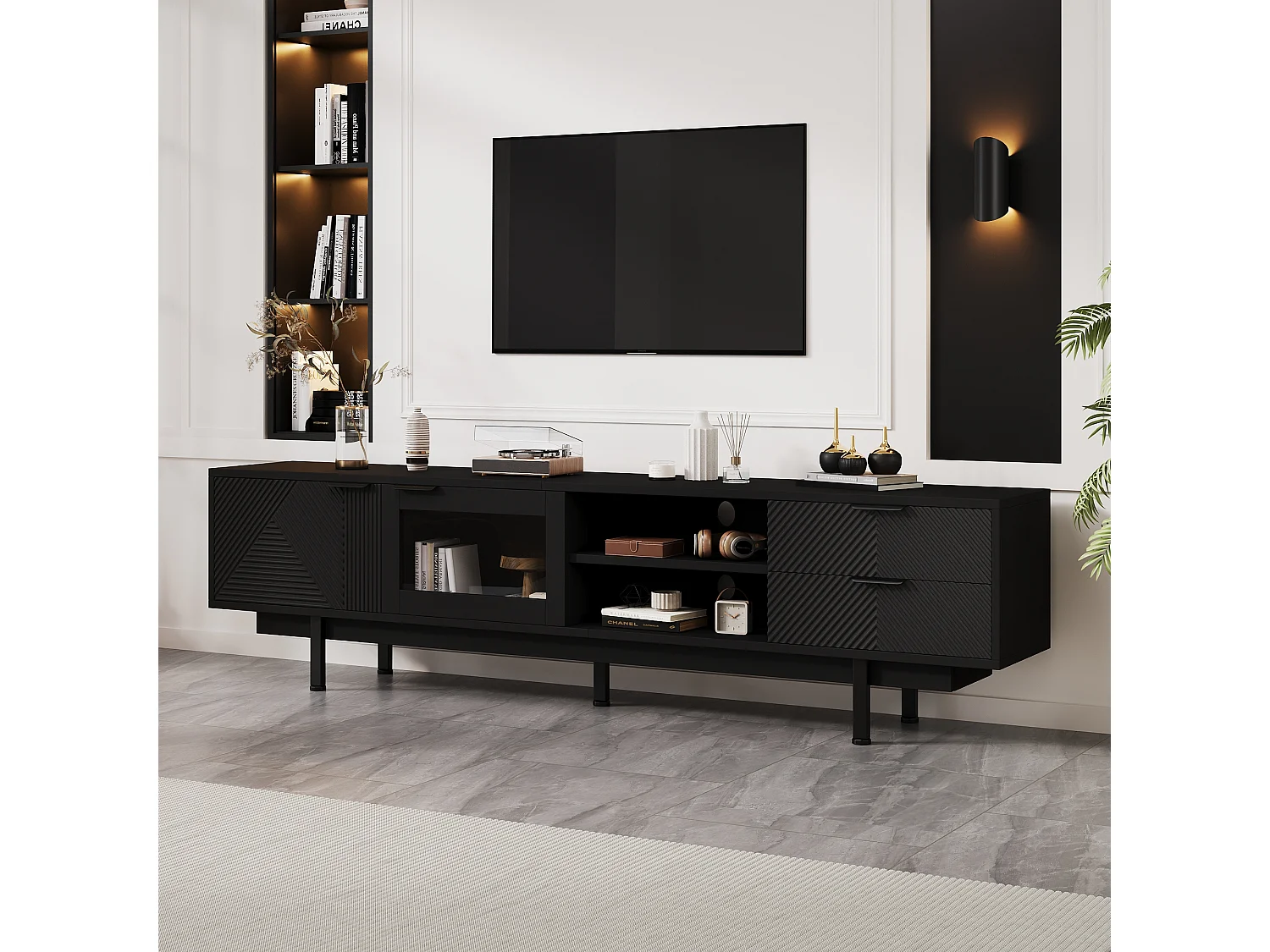 Boheemse tv-meubel met opbergruimte, minimalistische kastdeuren, 200 x 40 x 51 cm, zwart