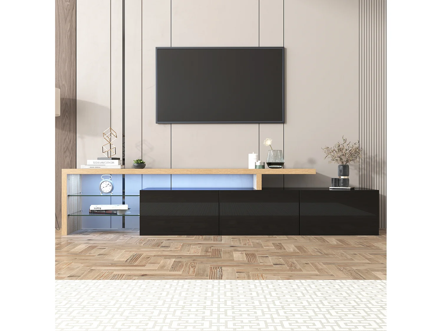 Móvel para TV de 197 cm em preto brilhante com iluminação LED. Móvel baixo para TV com prateleira de vidro e 3 portas.