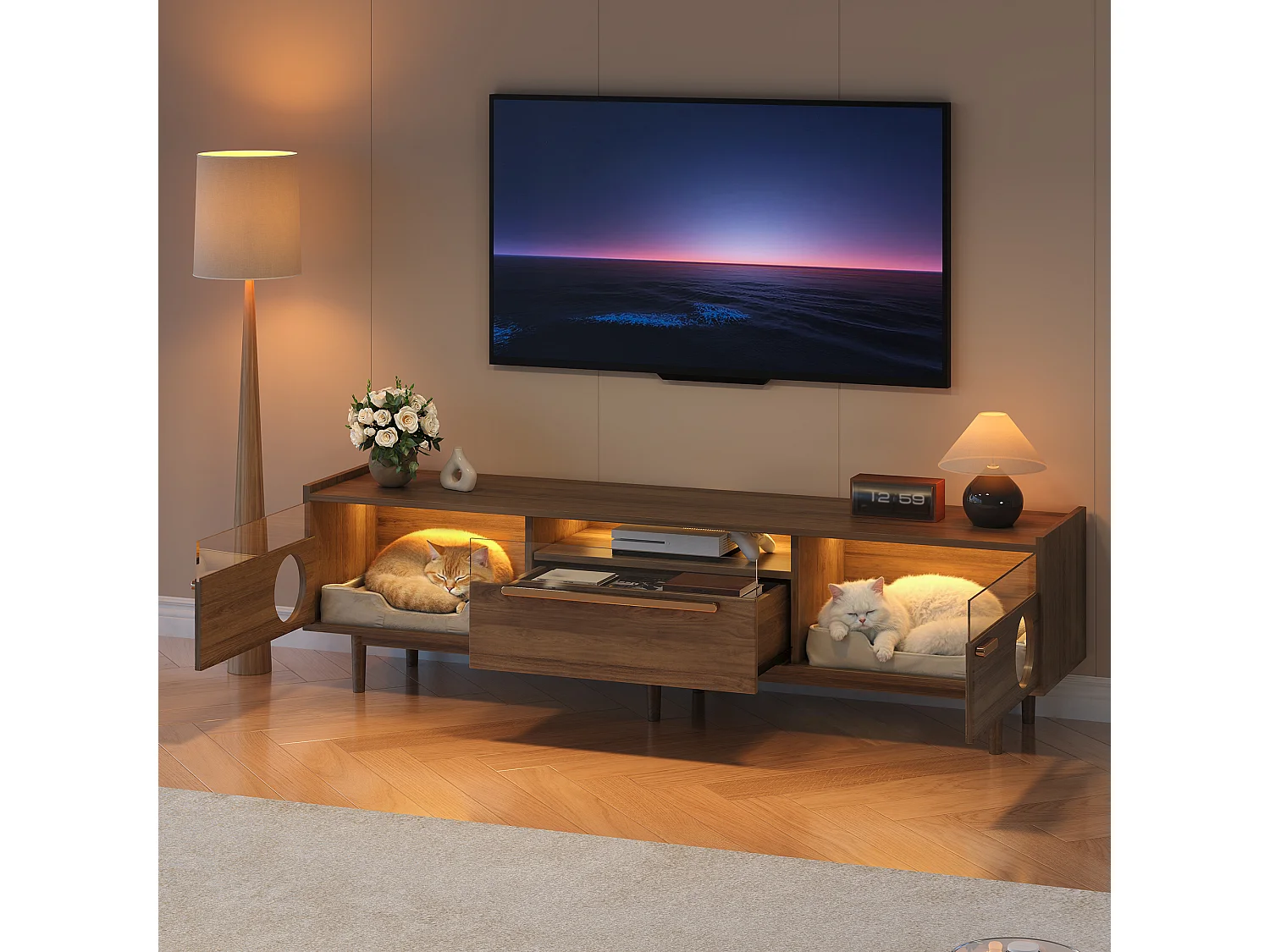 Móvel para TV 180×40×50 cm na cor nogueira, com iluminação LED, portas de vidro, gaveta e área de descanso para gatos, ideal para sala de estar.