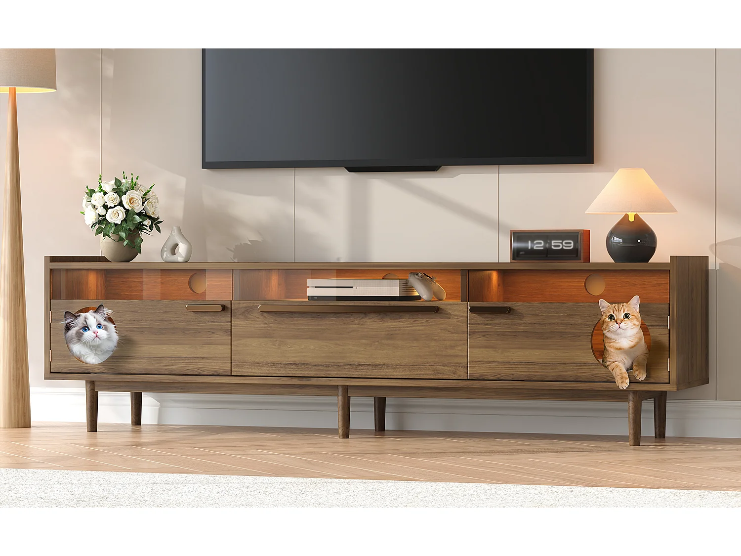 Móvel para TV 180×40×50 cm na cor nogueira, com iluminação LED, portas de vidro, gaveta e área de descanso para gatos, ideal para sala de estar.