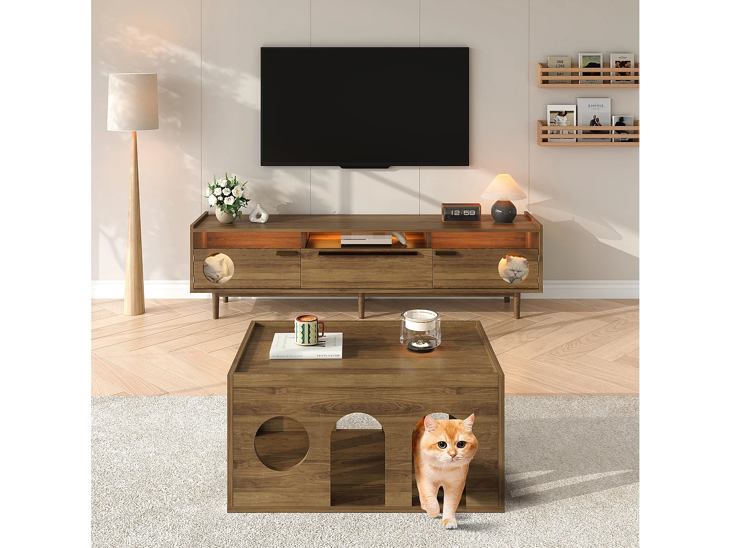 Mobile porta TV 180×40×50 cm color noce, illuminazione LED, ante in vetro, cassetto e zona riposo per gatti, soggiorno