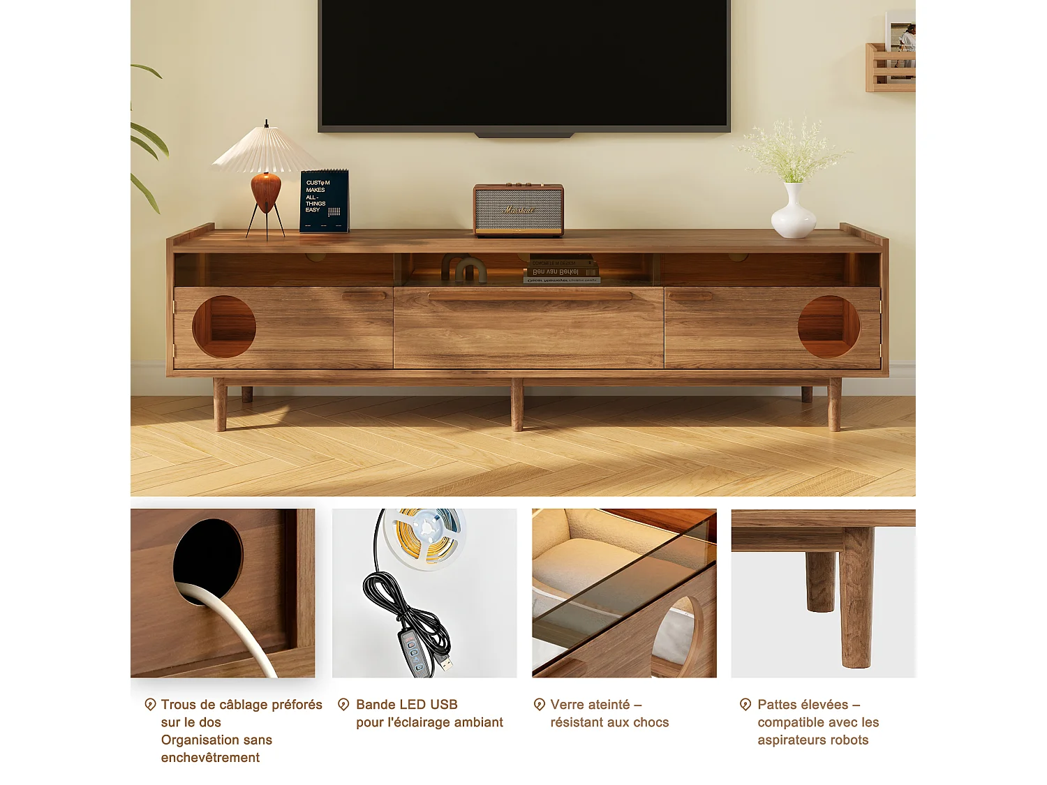 Mobile porta TV 180×40×50 cm color noce, illuminazione LED, ante in vetro, cassetto e zona riposo per gatti, soggiorno