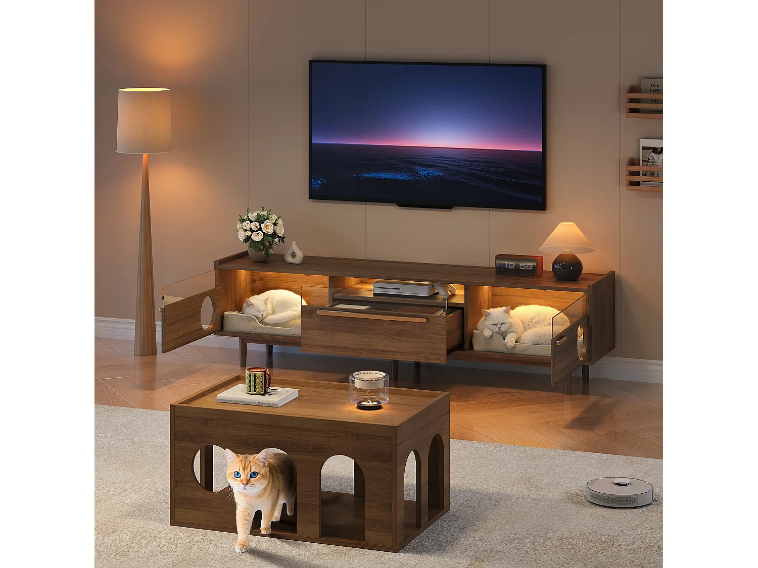 Mobile porta TV 180×40×50 cm color noce, illuminazione LED, ante in vetro, cassetto e zona riposo per gatti, soggiorno