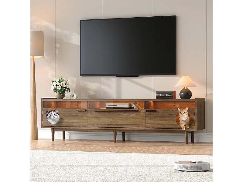 Móvel para TV 180×40×50 cm na cor nogueira, com iluminação LED, portas de vidro, gaveta e área de descanso para gatos, ideal para sala de estar.