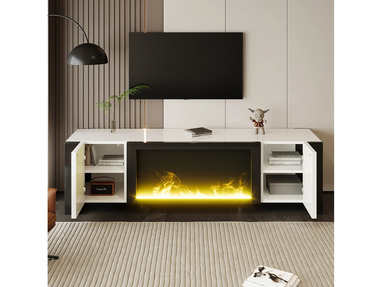 Meuble TV bas avec cheminée électrique , effet flamme , pas de fonction chauffante , Noir+Blanc