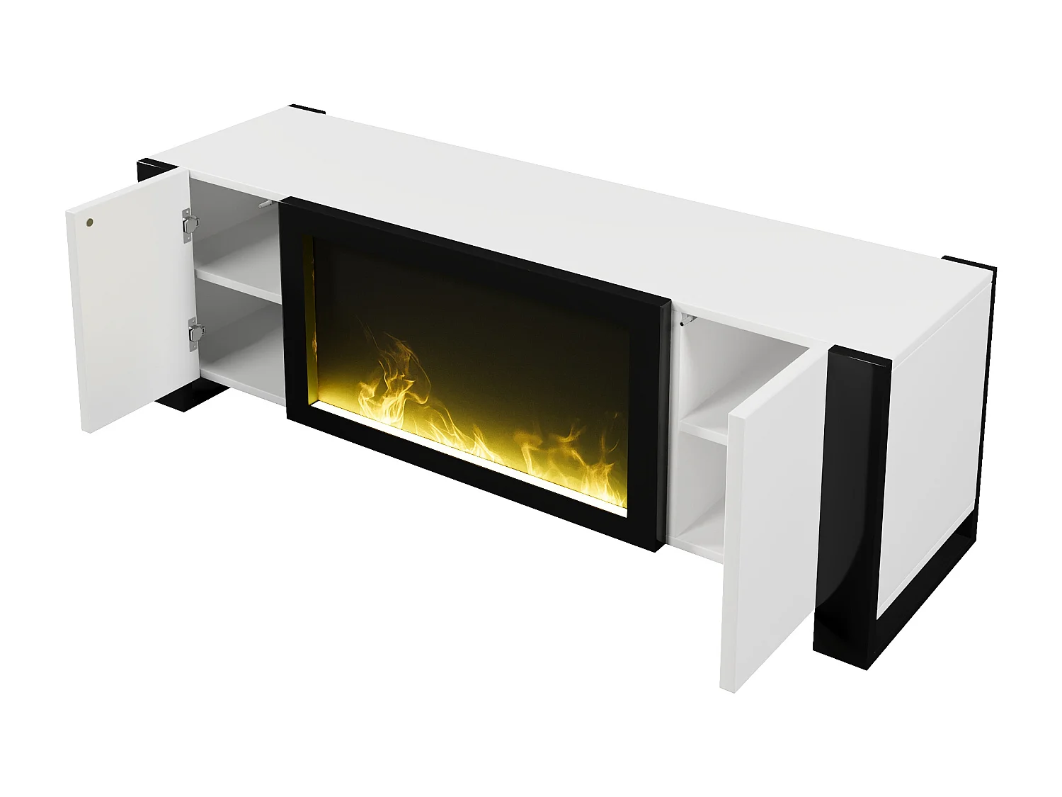 Meuble TV bas avec cheminée électrique , effet flamme , pas de fonction chauffante , Noir+Blanc