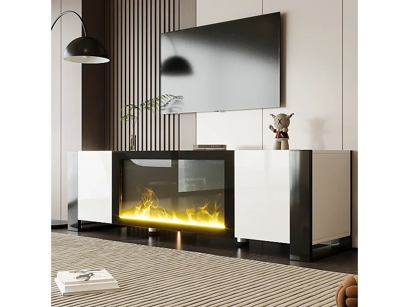 Meuble TV bas avec cheminée électrique , effet flamme , pas de fonction chauffante , Noir+Blanc