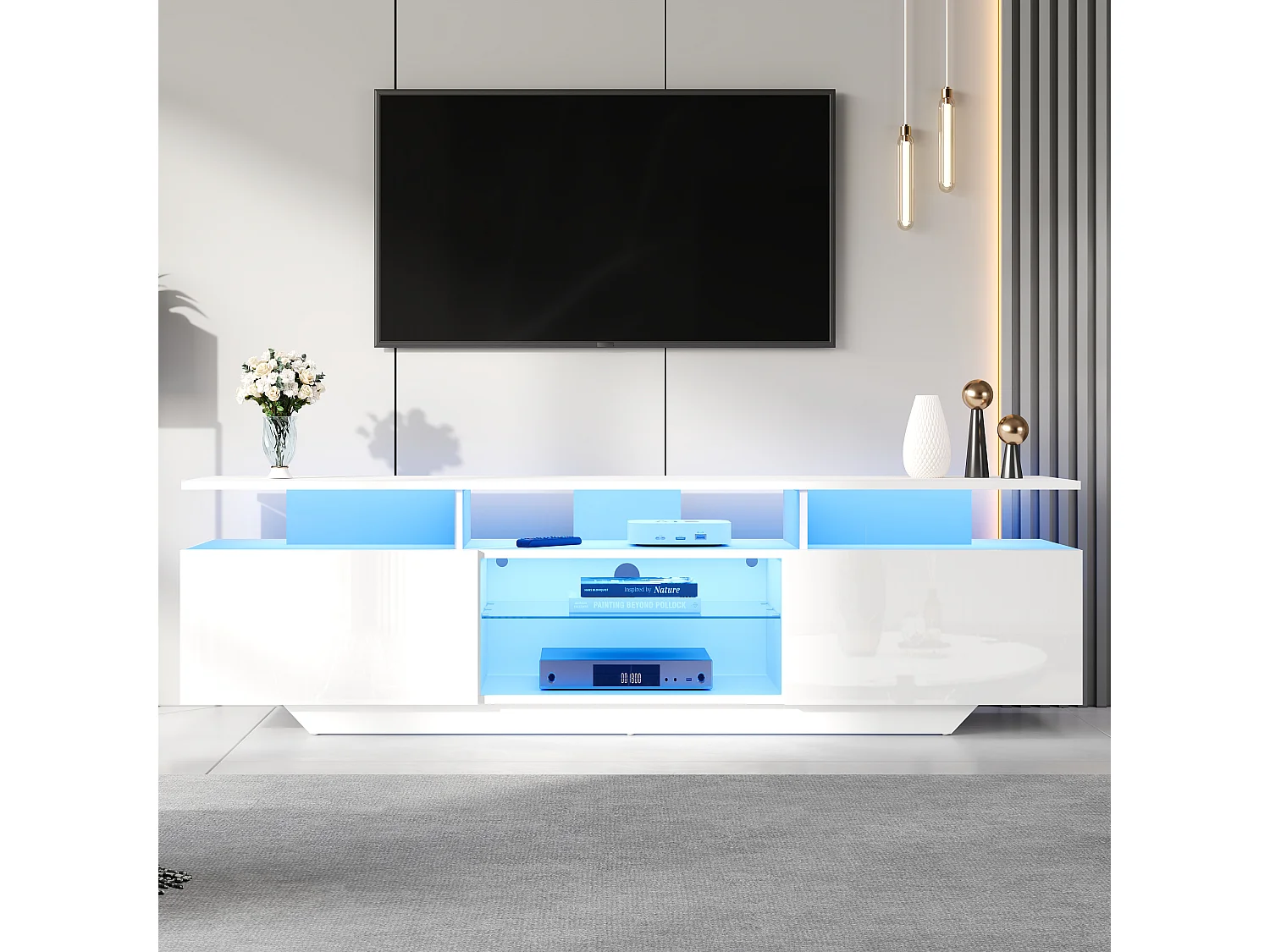 Meuble TV bas 160×40×45 cm laqué avec LED, 2 placards, 8 niches, MDF, pour TV jusqu’à 70", salon