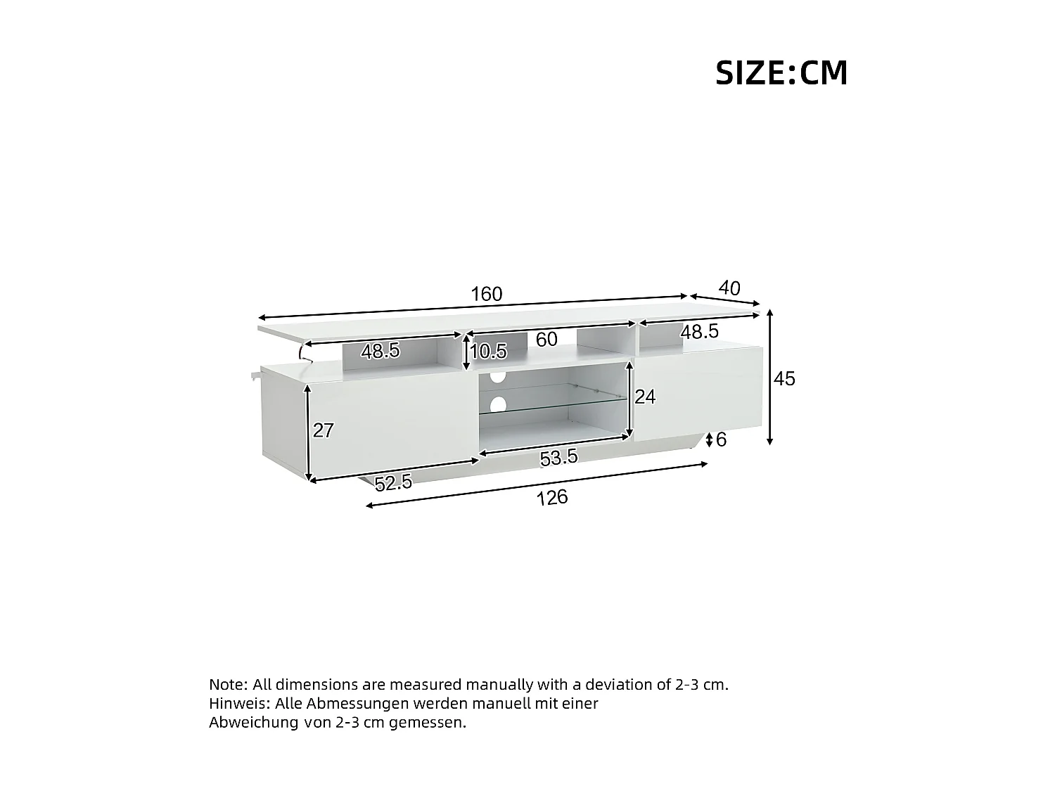 Meuble TV bas 160×40×45 cm laqué avec LED, 2 placards, 8 niches, MDF, pour TV jusqu’à 70", salon