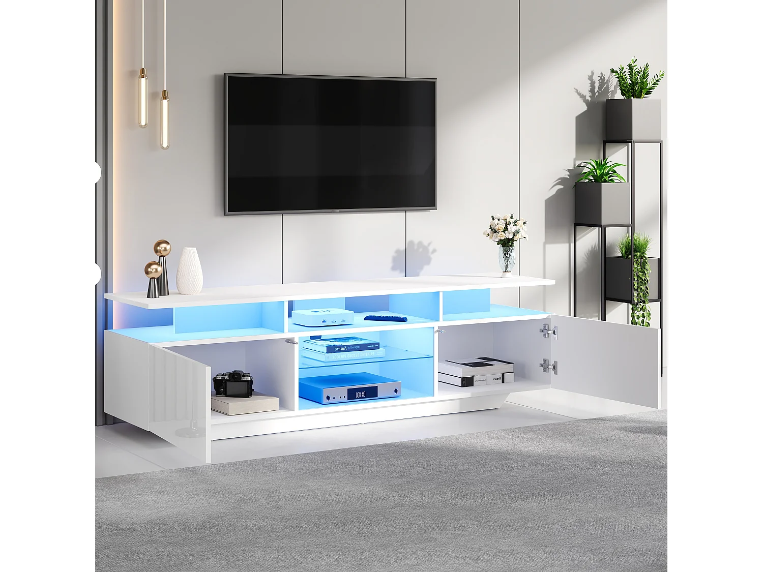 Meuble TV bas 160×40×45 cm laqué avec LED, 2 placards, 8 niches, MDF, pour TV jusqu’à 70", salon