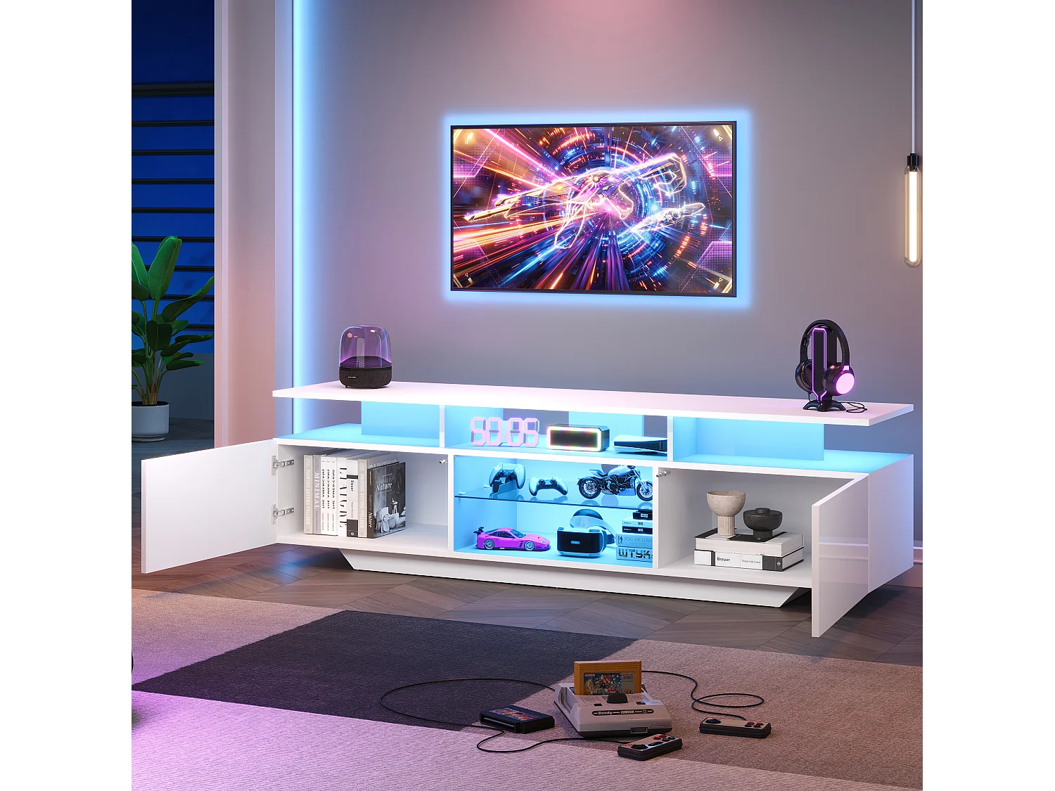 Meuble TV bas 160×40×45 cm laqué avec LED, 2 placards, 8 niches, MDF, pour TV jusqu’à 70", salon