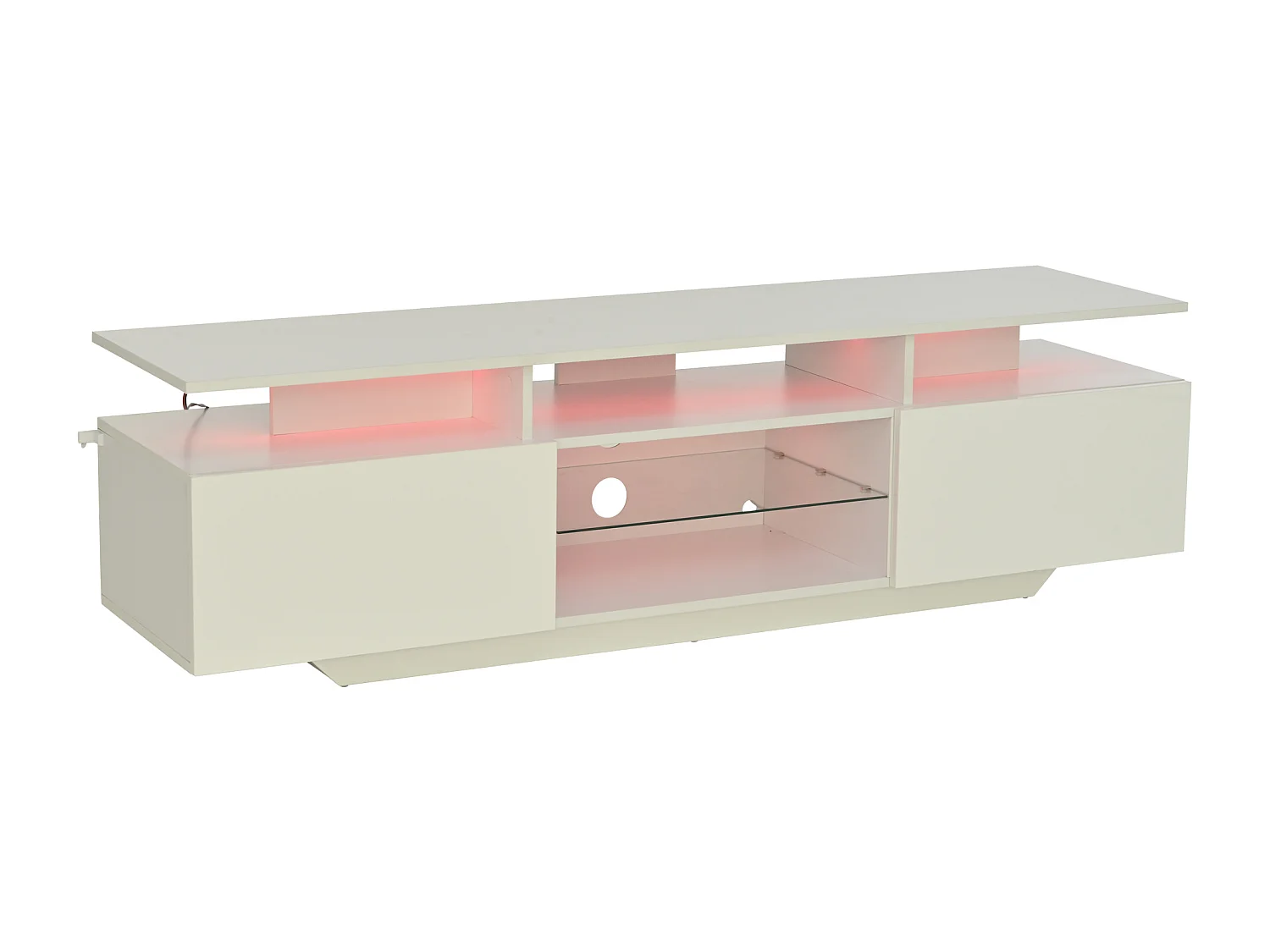 Meuble TV bas 160×40×45 cm laqué avec LED, 2 placards, 8 niches, MDF, pour TV jusqu’à 70", salon