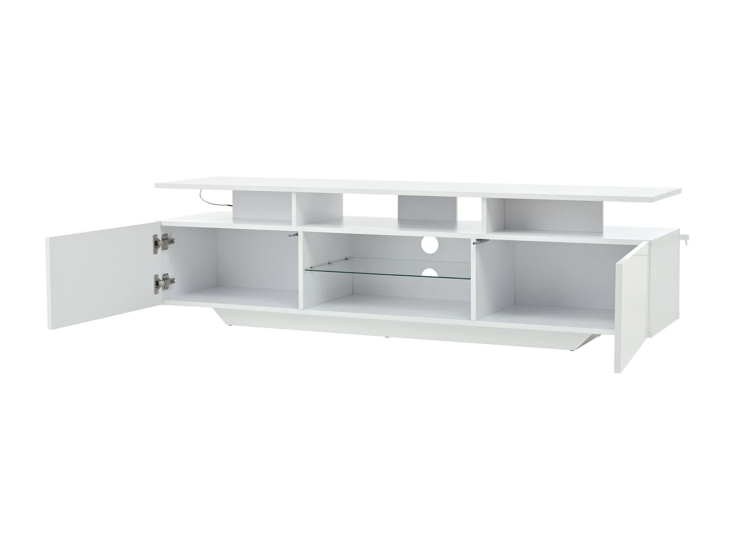 Meuble TV bas 160×40×45 cm laqué avec LED, 2 placards, 8 niches, MDF, pour TV jusqu’à 70", salon