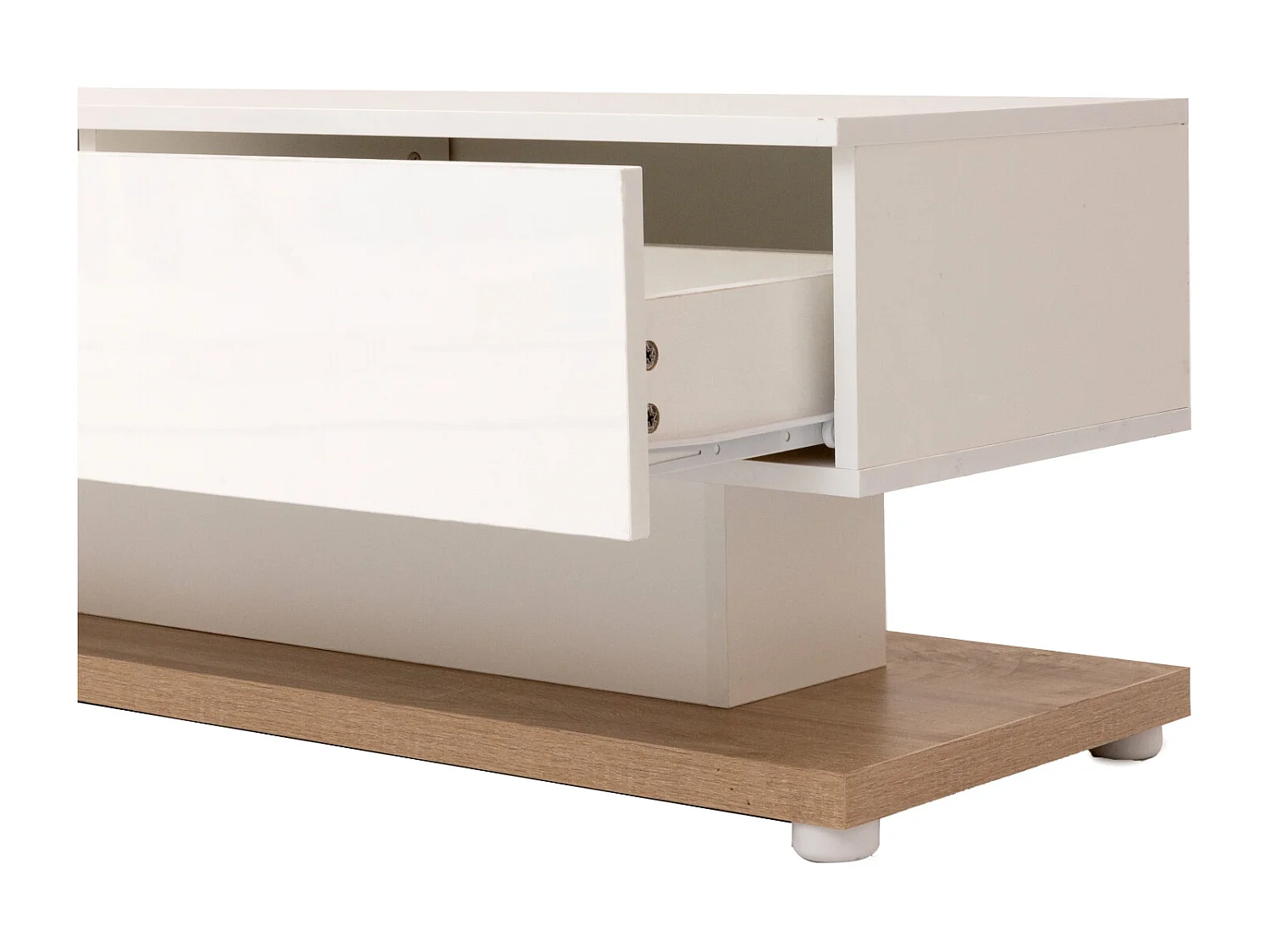 TV-meubel met glazen wanden en dimbare LED-verlichting, met 2 lades en een open plank, wit