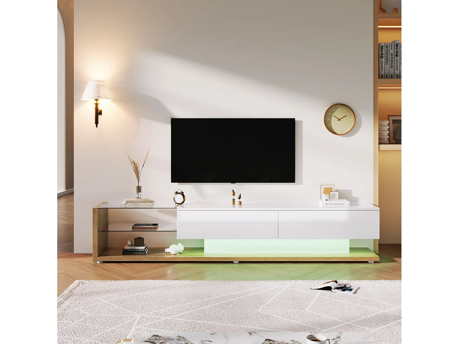 Mueble de TV con mamparas de cristal e iluminación LED regulable, con 2 cajones y un estante abierto, color blanco