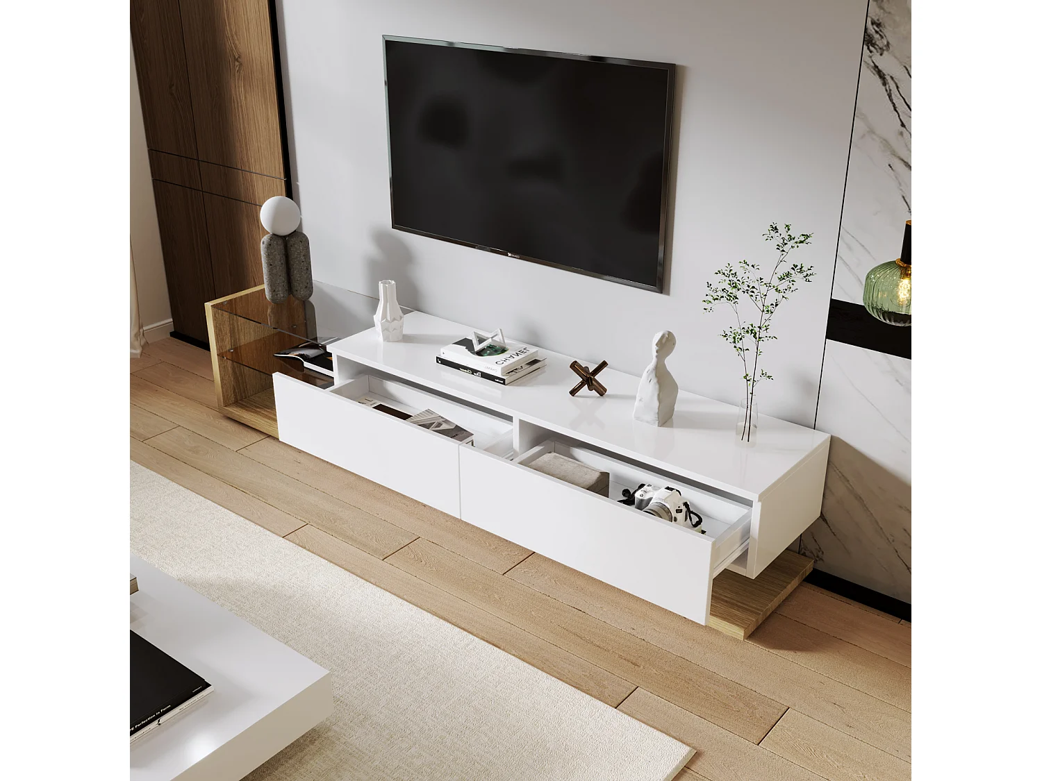 Mueble de TV con mamparas de cristal e iluminación LED regulable, con 2 cajones y un estante abierto, color blanco