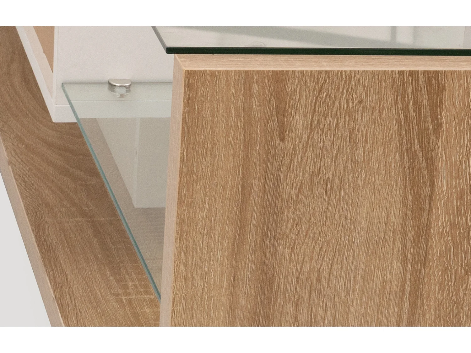 Mueble de TV con mamparas de cristal e iluminación LED regulable, con 2 cajones y un estante abierto, color blanco