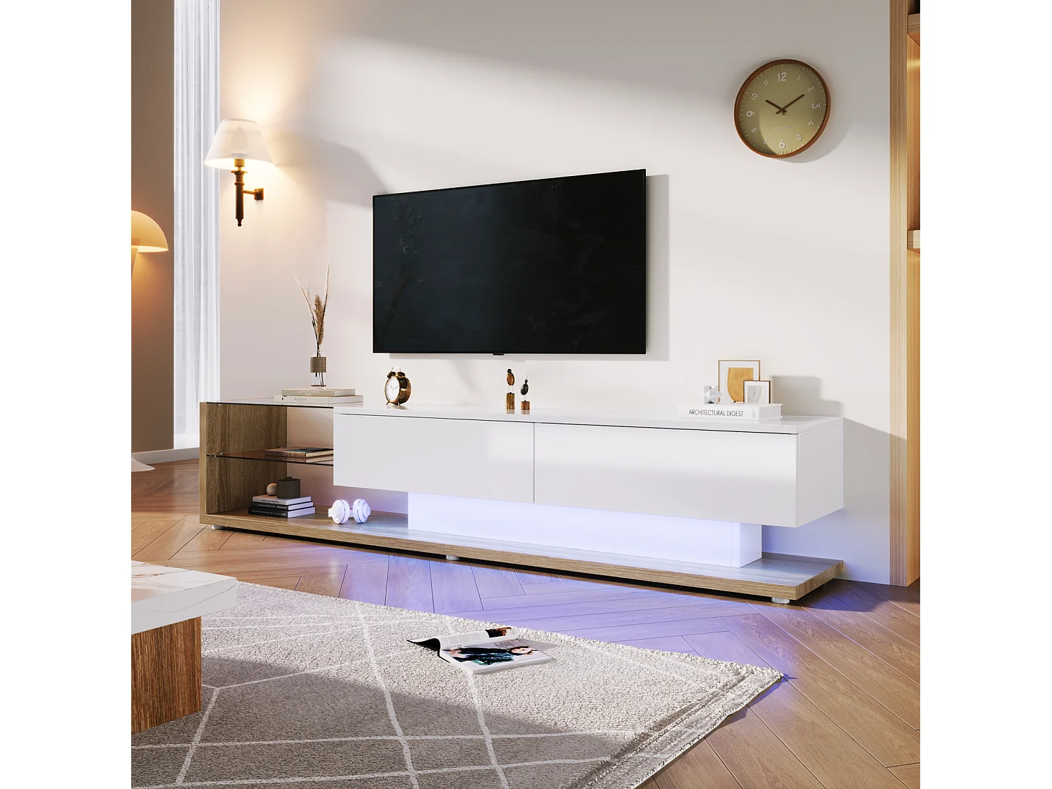 Mueble de TV con mamparas de cristal e iluminación LED regulable, con 2 cajones y un estante abierto, color blanco