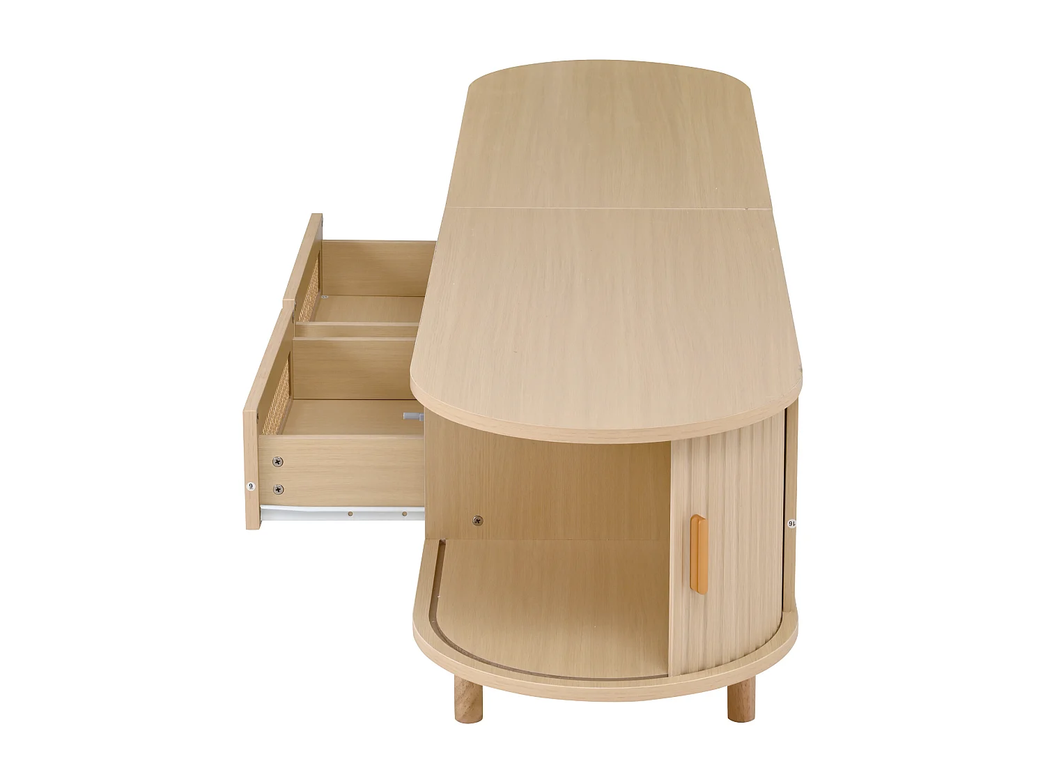 Meuble TV ovale 170 × 40 × 40 cm couleur naturelle, 2 tiroirs rotin, portes coulissantes, pour salon