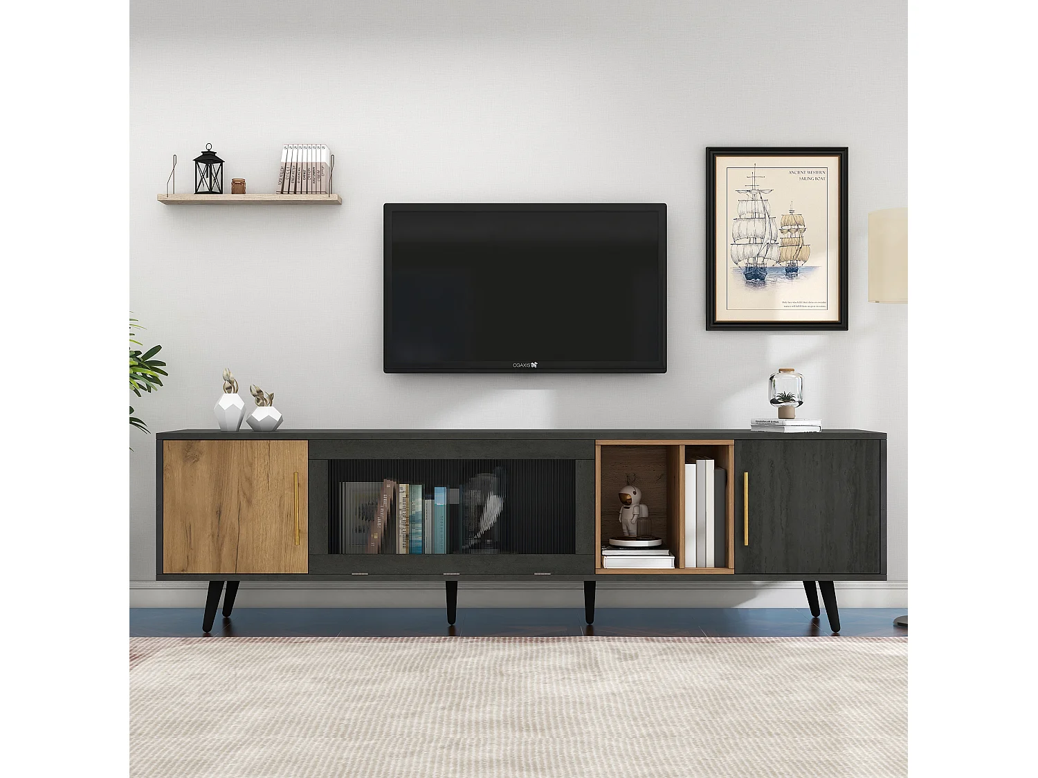 Elegante tv-standaard, 200 x 40 x 55,5 cm, donker hout, met neerklapbare glazen deur, voor de woonkamer