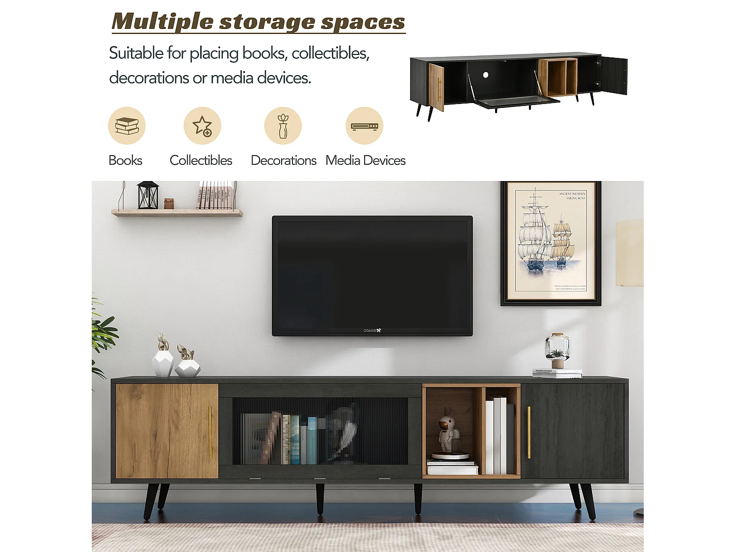 Elegante tv-standaard, 200 x 40 x 55,5 cm, donker hout, met neerklapbare glazen deur, voor de woonkamer