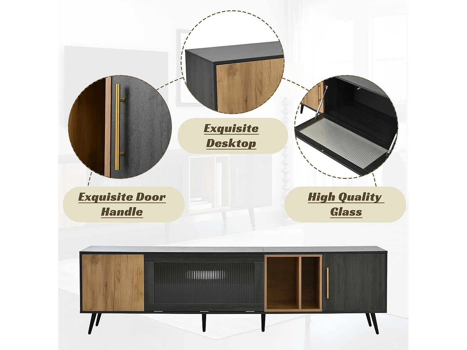 Elegante tv-standaard, 200 x 40 x 55,5 cm, donker hout, met neerklapbare glazen deur, voor de woonkamer