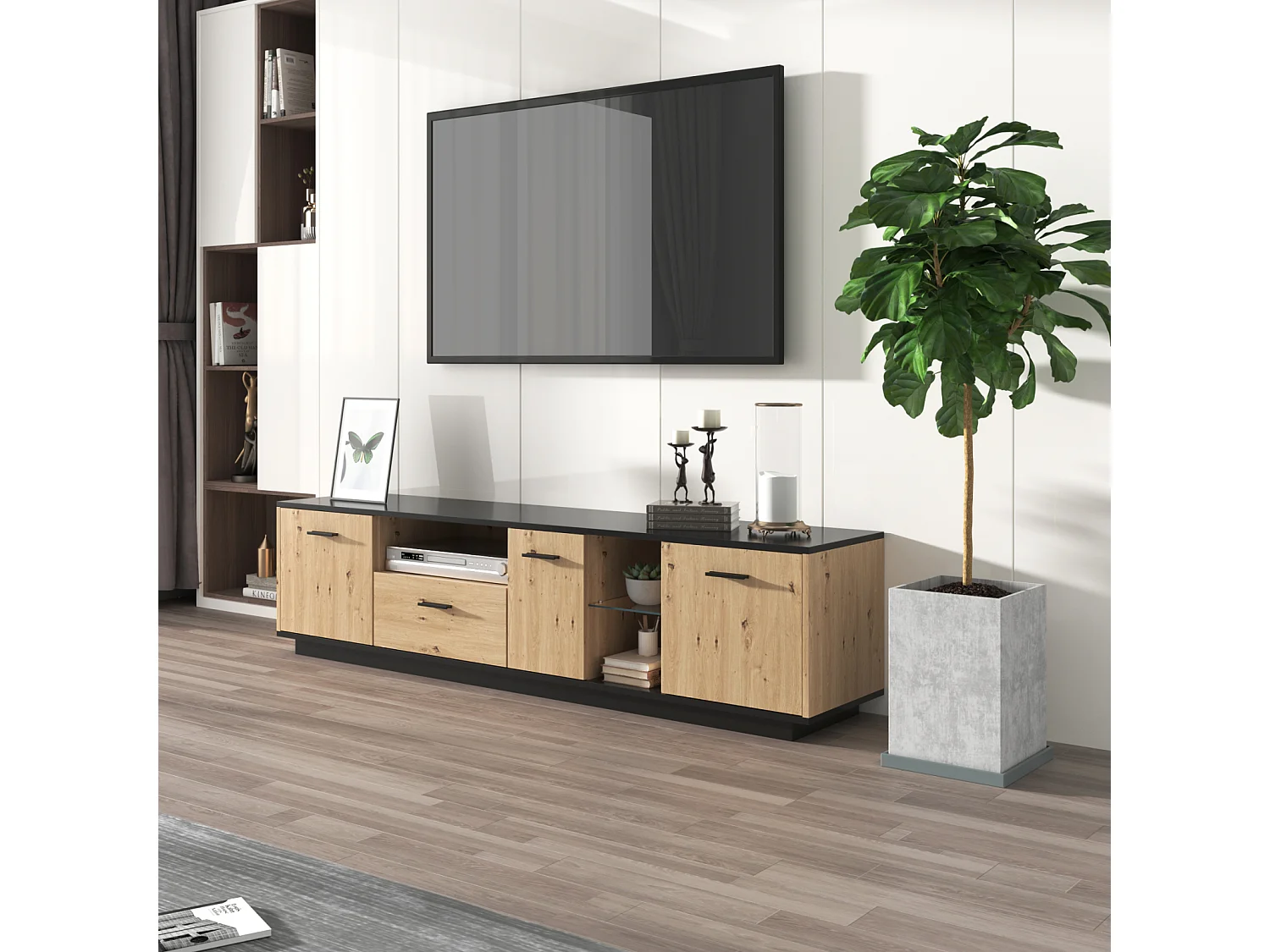 Mueble TV de madera natural y negra, con 3 puertas, 2 compartimentos abiertos y 1 cajón, con LED