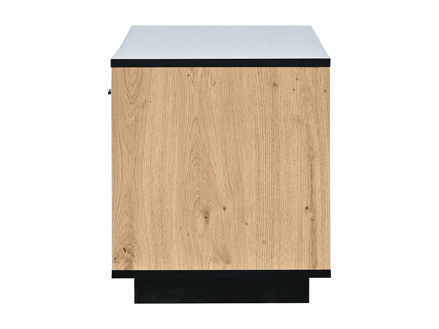 Mueble TV de madera natural y negra, con 3 puertas, 2 compartimentos abiertos y 1 cajón, con LED