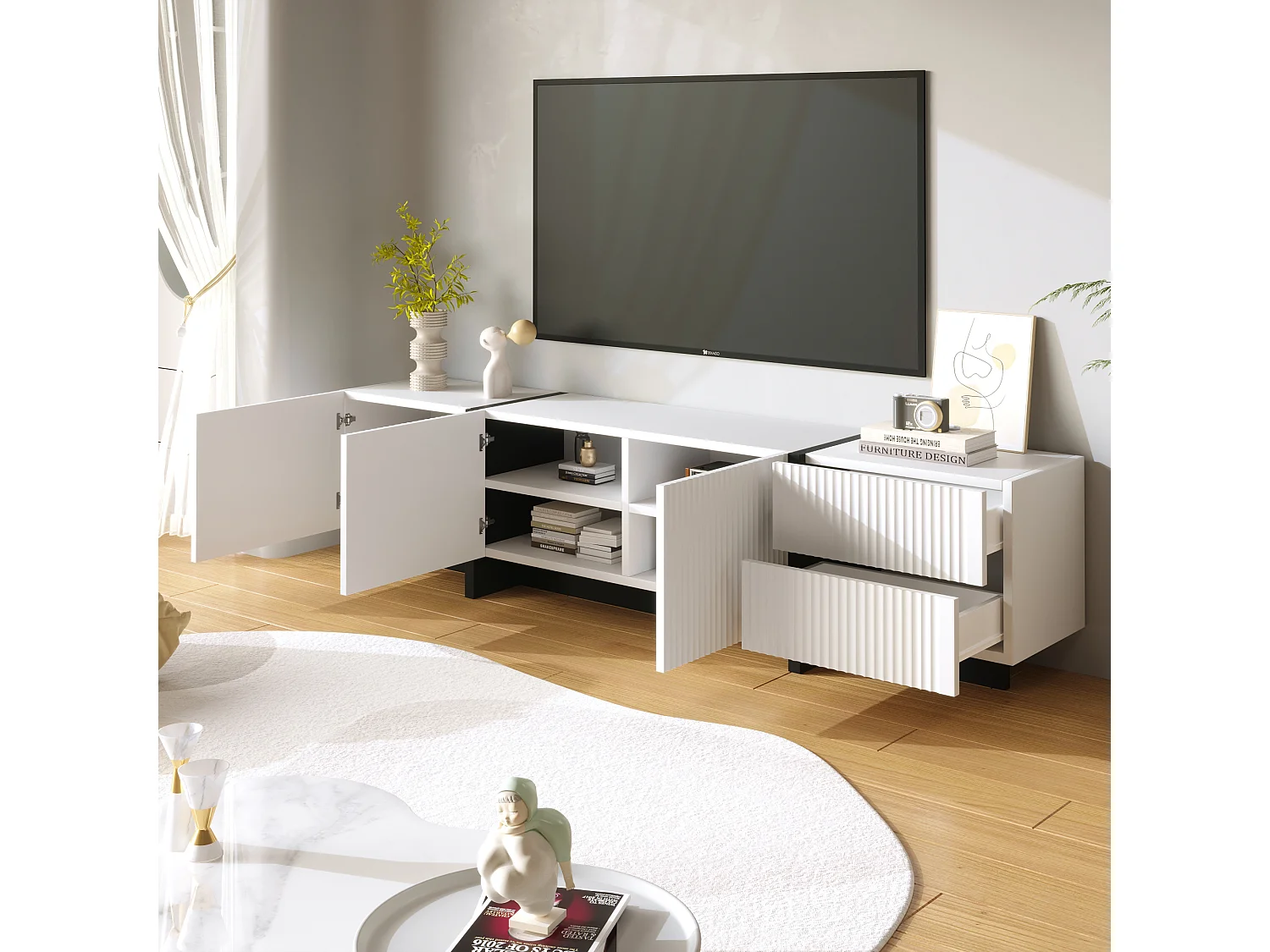 Meuble TV, Panneau lowboard avec Pieds Color Block en Blanc Brillant et Noir, avec Portes et tiroirs