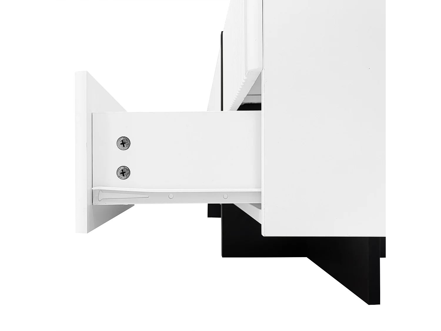 Meuble TV, Panneau lowboard avec Pieds Color Block en Blanc Brillant et Noir, avec Portes et tiroirs