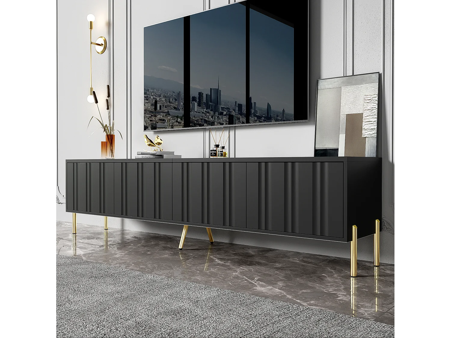 Móvel para TV preto, 190 × 38 × 48 cm – Pés dourados, portas com ranhuras, design moderno para sala de estar.