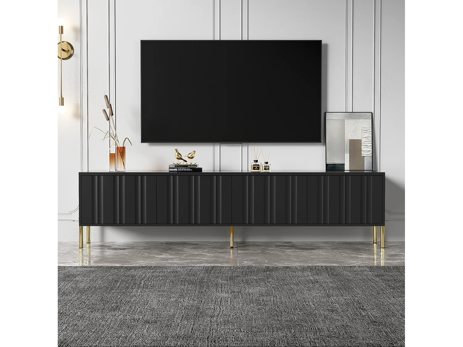 Móvel para TV preto, 190 × 38 × 48 cm – Pés dourados, portas com ranhuras, design moderno para sala de estar.