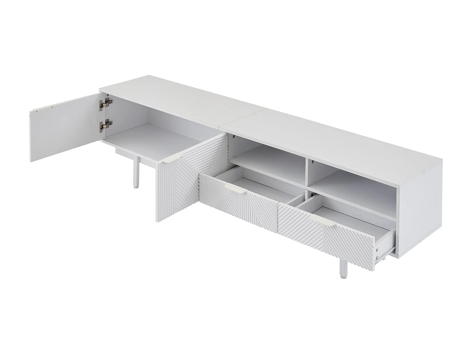 Lage tv-kast met 2 deuren en 2 lades, 2 compartimenten en metalen poten, 200 x 40 x 51 cm, Wit