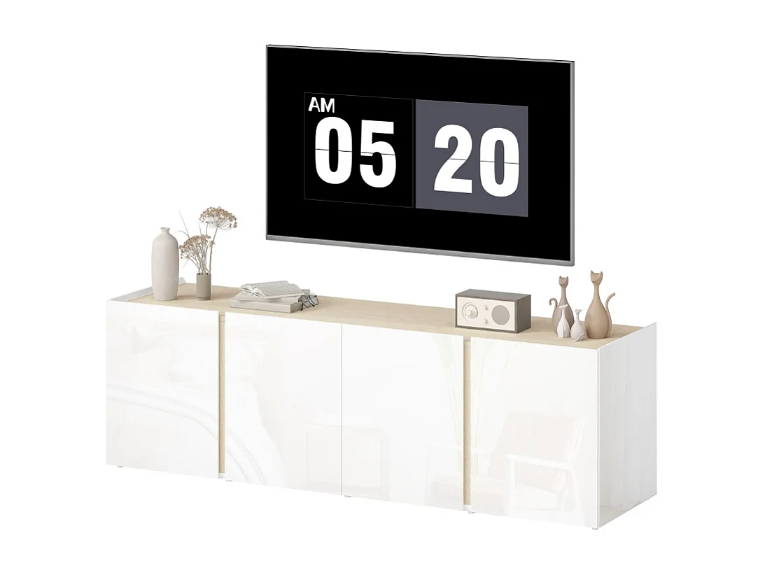 Meuble TV blanc pour TV jusqu’à 65", portes soft-close, étagères réglables, 135 x 38 x 45 cm, salon