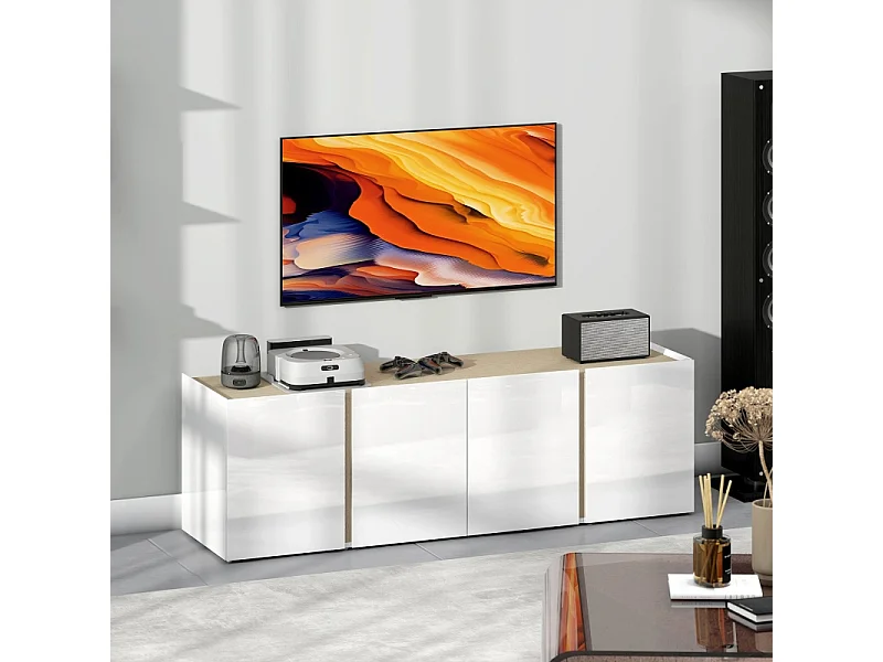 Meuble TV blanc pour TV jusqu’à 65", portes soft-close, étagères réglables, 135 x 38 x 45 cm, salon